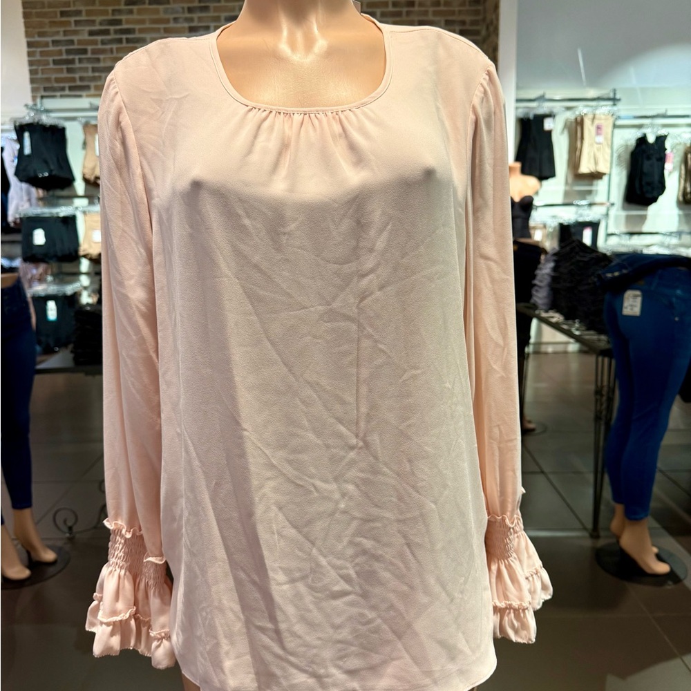 Tahari Pink Long Sleeve Blouse with Ruffled Flutter Sleeves
